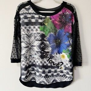 Desigual Women’s Size Medium Floral Susan Blouse Black Mesh Polka Dot Sleeves
